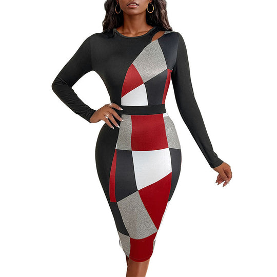 Damen Figurbetontes Midikleid mit grafischem Colorblock-Muster, Cut-Out-Schulter und taillierter Silhouette Shop Nory