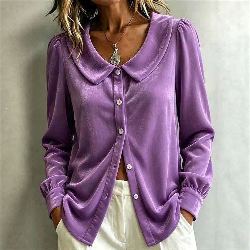 Damen Samt‑Hemdbluse mit Peter‑Pan‑Kragen und Perlmuttknopfleiste Shop Nory