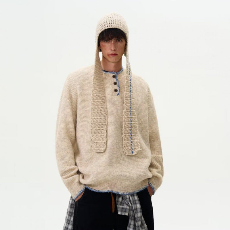 Herren Grobstrick-Henley-Pullover mit Bouclé-Optik und kontrastierten Bündchen Shop Nory