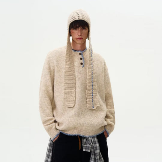 Herren Grobstrick-Henley-Pullover mit Bouclé-Optik und kontrastierten Bündchen Shop Nory