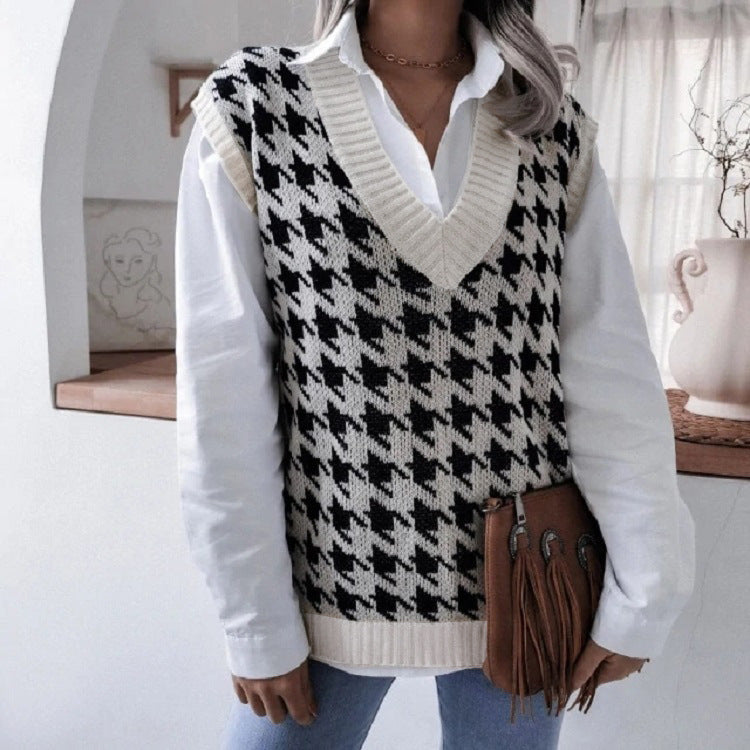 Damen Oversize Strickweste mit Hahnentritt-Muster und V-Ausschnitt Shop Nory