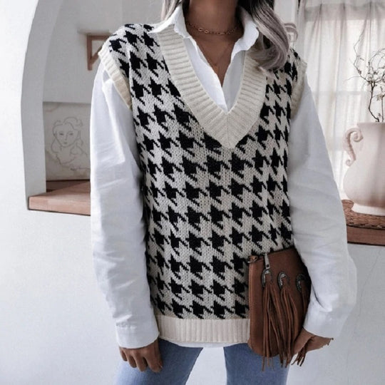 Damen Oversize Strickweste mit Hahnentritt-Muster und V-Ausschnitt Shop Nory