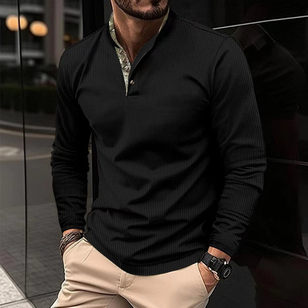 Herren nan langärmliges Henley-Poloshirt mit Stehkragen, feiner Struktur und gemustertem Innenkragen Shop Nory