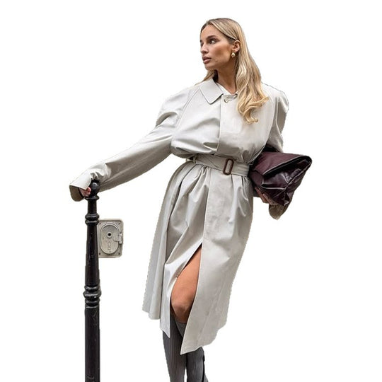 Damen Midilanger Trenchcoat im Cocoon‑Cut mit Bindegürtel und Raglanärmeln Shop Nory