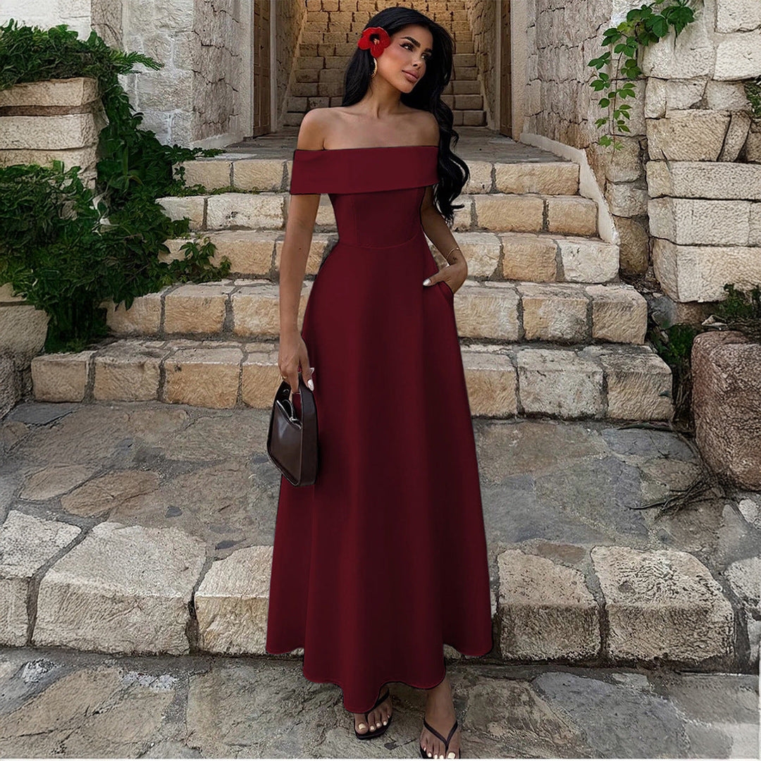 Damen Off-Shoulder Maxikleid mit Taschen und eleganter Silhouette Shopnory
