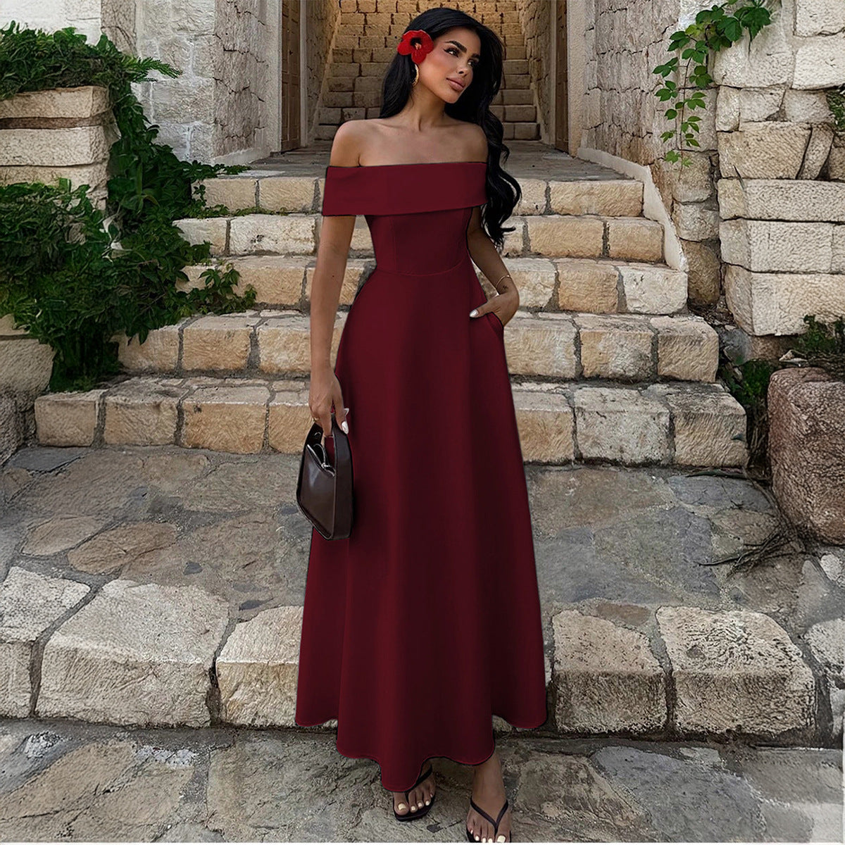 Damen Off-Shoulder Maxikleid mit Taschen und eleganter Silhouette Shopnory