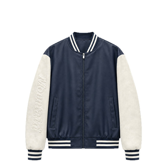 Herren Varsity‑Bomberjacke im College‑Stil mit Lederimitatkörper und kontrastierenden Wildlederärmeln Shop Nory