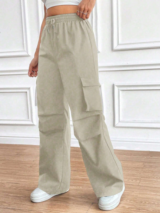 Damen Weite High‑Waist Cargo‑Hose mit Elastikbund und großen Klappentaschen Shop Nory