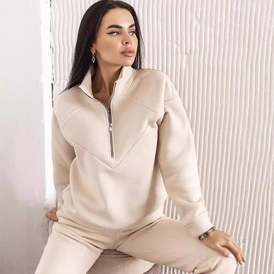 Damen Zweiteiliges Sweat-Loungewear-Set mit Troyer-Reißverschluss und elastischer Jogginghose Shop Nory