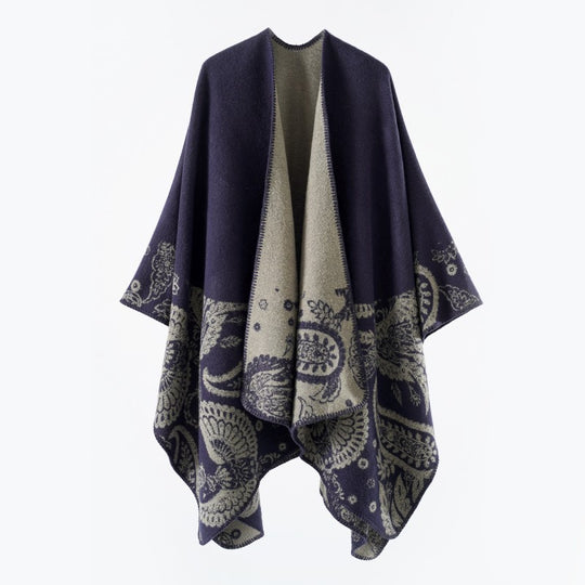 Damen Reversibler Jacquard-Capeponcho aus Wollmix mit Paisley-Motiv und offenem Fall Shop Nory