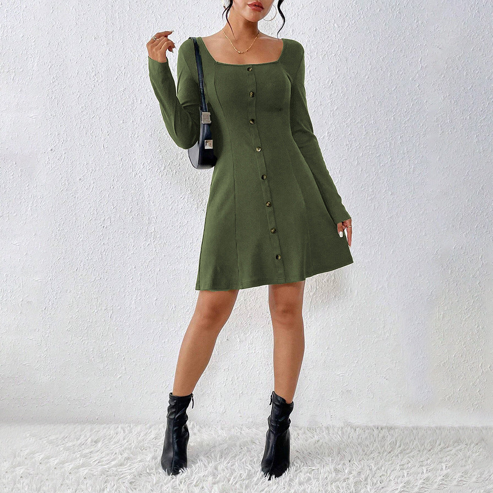 Damen ausgestelltes Strick‑Korsagenkleid mit durchgehender Knopfleiste, Square‑Neck und figurformenden Teilungsnähten Shop Nory