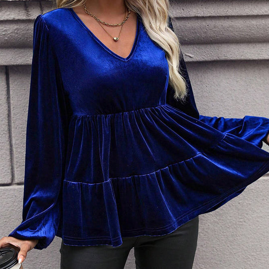 Damen samtiges Volant‑Peplum‑Top mit V‑Ausschnitt, geraffter Taille und langen Ballonärmeln Shop Nory