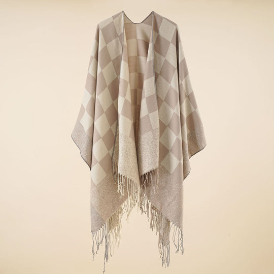 Damen Oversized gewebter Poncho mit Rautenmuster und Fransen Shop Nory
