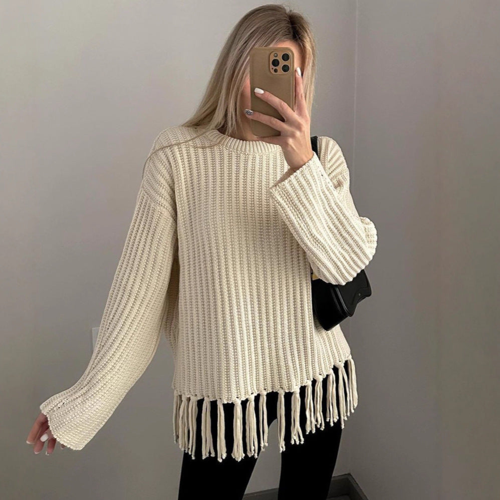 Damen lässiger Rippstrick-Pullover mit Fransen-Saum und Oversize-Silhouette Shop Nory