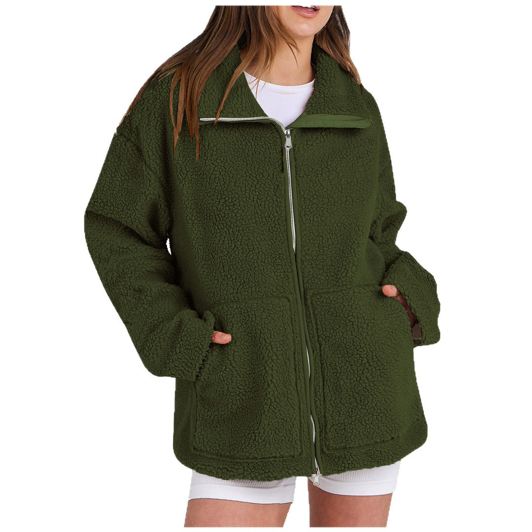 Damen nan oversized Teddyfelljacke mit Stehkragen Reißverschluss und aufgesetzten Taschen Shop Nory