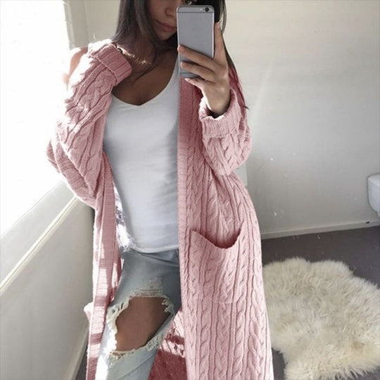 Damen Langer Oversize Zopfmuster-Strickcardigan mit Eingrifftaschen Shop Nory