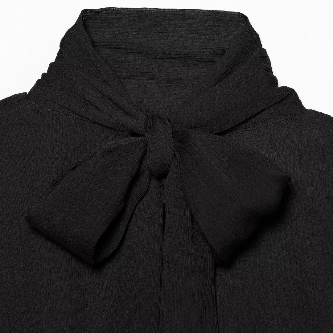 Damen Chiffon-Bluse mit Schluppe, Stehkragen und gerafften Ballonärmeln Shop Nory