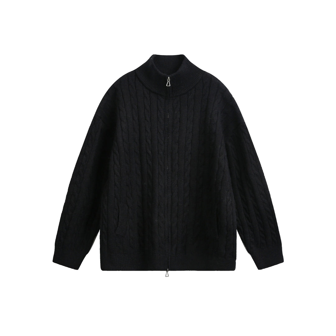 Unisex Grobstrick-Pullover mit Zopfmuster, hohem Stehkragen und Zwei-Wege-Reißverschluss Shop Nory