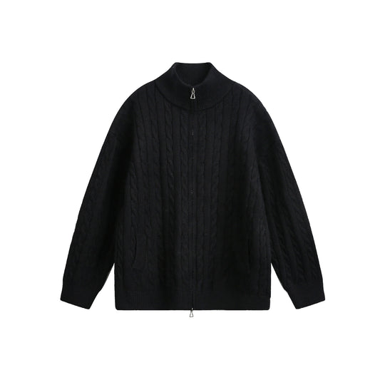Unisex Grobstrick-Pullover mit Zopfmuster, hohem Stehkragen und Zwei-Wege-Reißverschluss Shop Nory