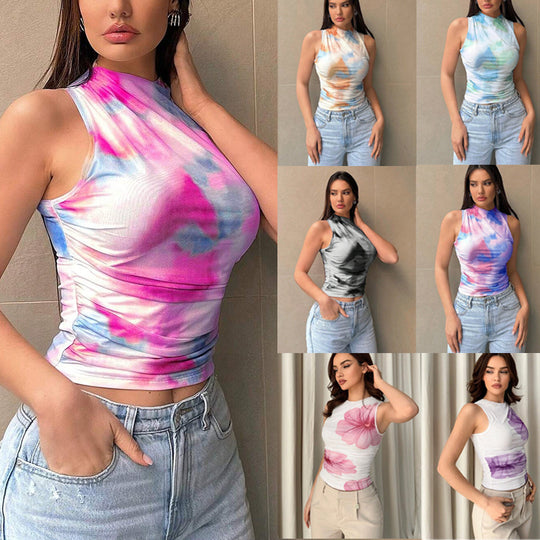 Damen Tailliertes Ärmelloses Top mit Stehkragen und Batik-Print Shop Nory