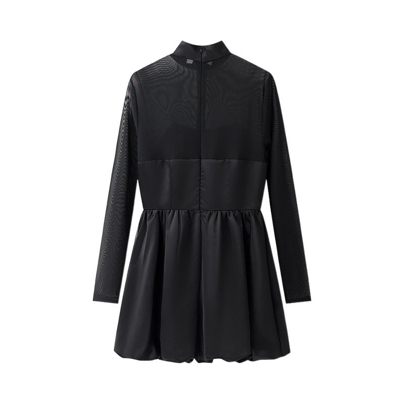 Damen kurzes Mesh-Overlay-Skaterkleid mit Stehkragen und taillierter Korsage Shop Nory