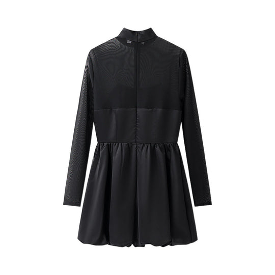 Damen kurzes Mesh-Overlay-Skaterkleid mit Stehkragen und taillierter Korsage Shop Nory