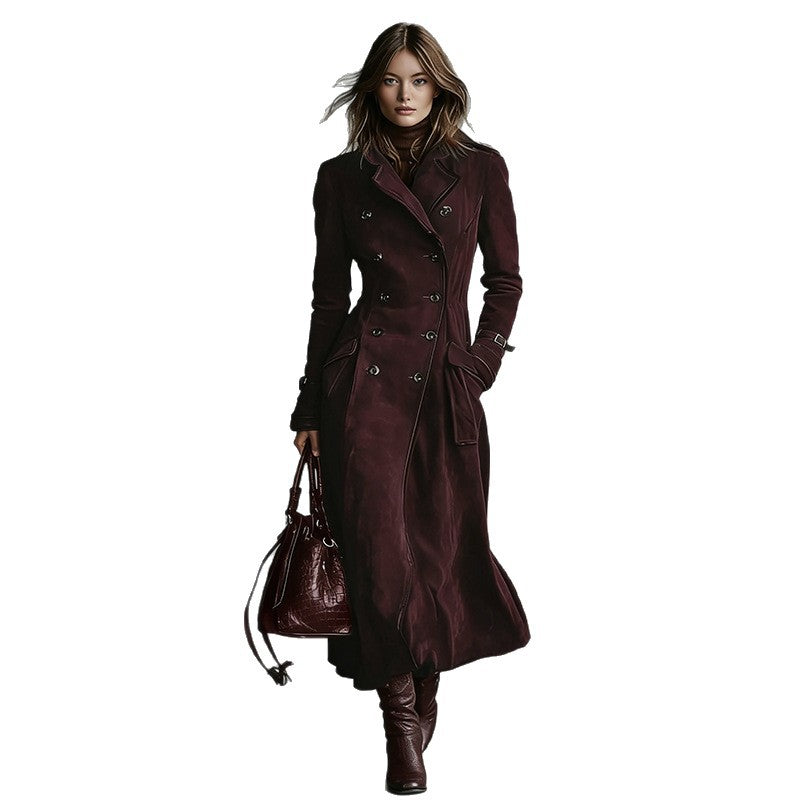 Damen Langer Taillierter Trenchcoat aus Veloursleder‑Optik mit doppelreihiger Knopfleiste und Schnallenmanschetten Shop Nory