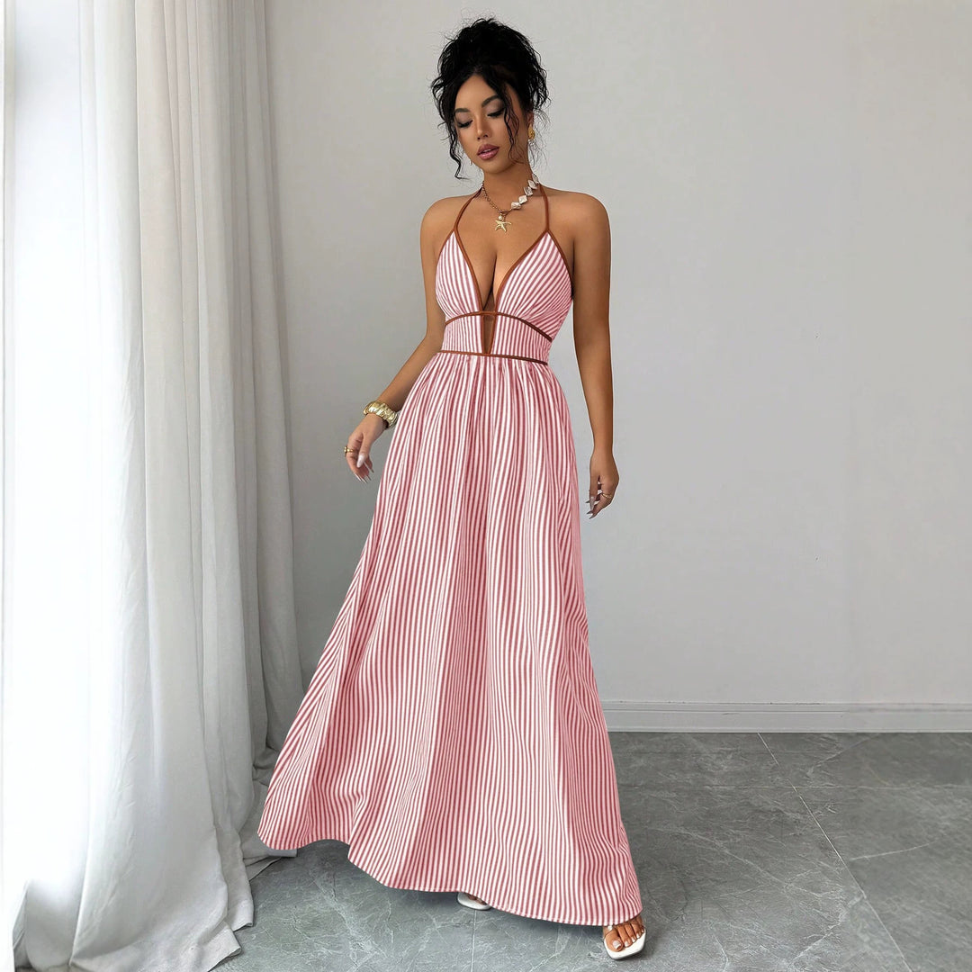 Damen Gestreiftes Neckholder-Maxikleid mit tiefem V-Ausschnitt und Taillen-Cut-Out Shop Nory