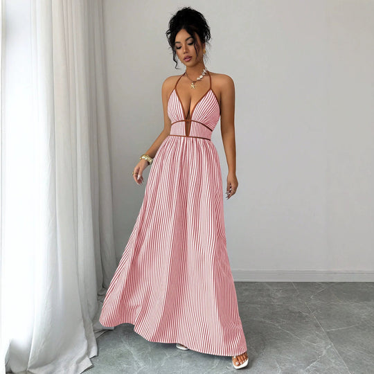 Damen Gestreiftes Neckholder-Maxikleid mit tiefem V-Ausschnitt und Taillen-Cut-Out Shop Nory