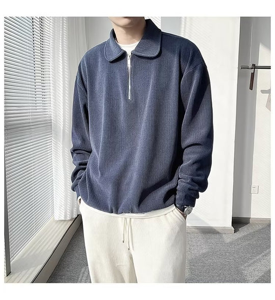 Herren Gerippter Pullover mit Halbreißverschluss und Polokragen Shop Nory