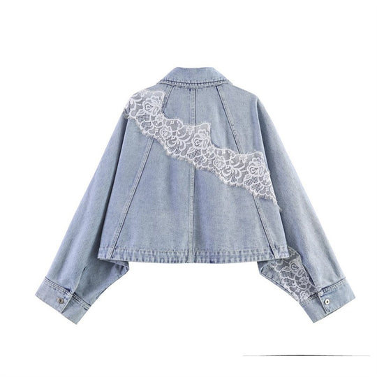 Damen verkürzte Jeansjacke mit Spitzenbesatz und überschnittener Schulter Shop Nory