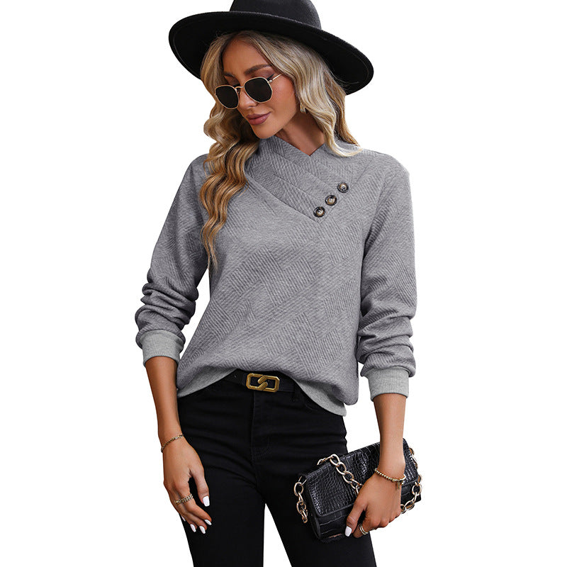 Damen Asymmetrischer Überschlagkragen Feinstrickpullover mit dekorativer Knopfleiste Shop Nory