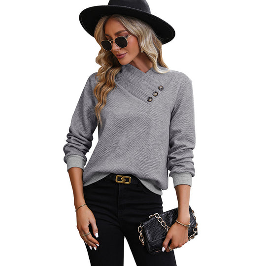 Damen Asymmetrischer Überschlagkragen Feinstrickpullover mit dekorativer Knopfleiste Shop Nory