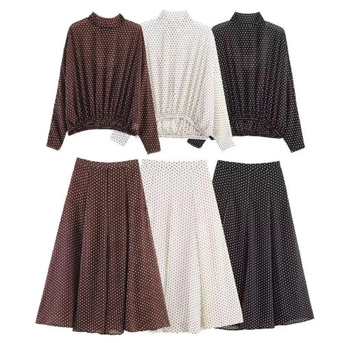Damen Zweiteiliges Pünktchen-Set mit Stehkragenbluse und ausgestelltem Midirock Shop Nory