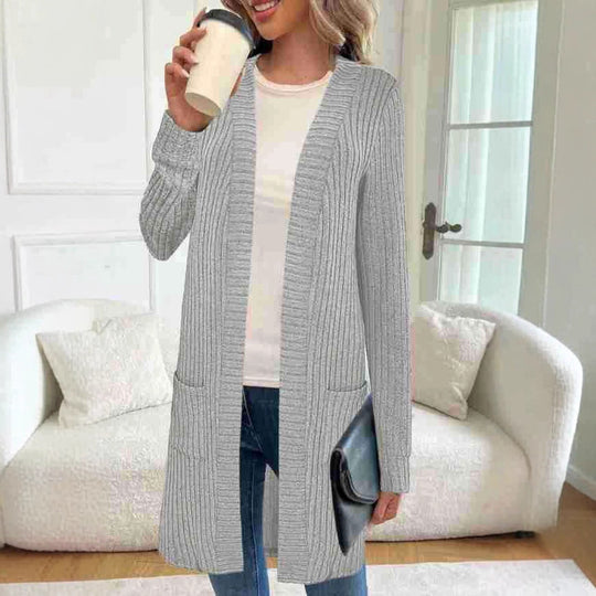 Damen Langer Feinstrick-Cardigan mit Rippenstruktur, offenen Kanten und Eingrifftaschen Shop Nory