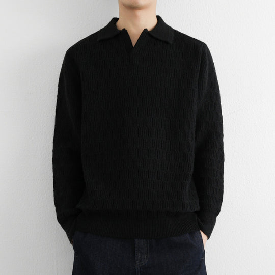 Herren Feinstrick-Polo-Pullover mit Strukturstrick und offenem V-Ausschnitt Shop Nory