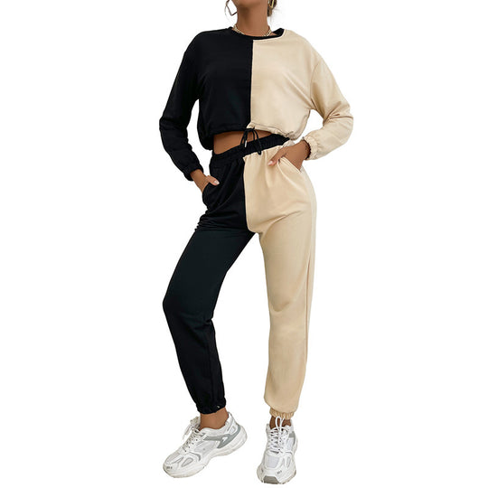 Damen Zweiteiliges Cropped-Lounge-Set mit Farbblock-Optik, Kordelzug und Jogger Shop Nory