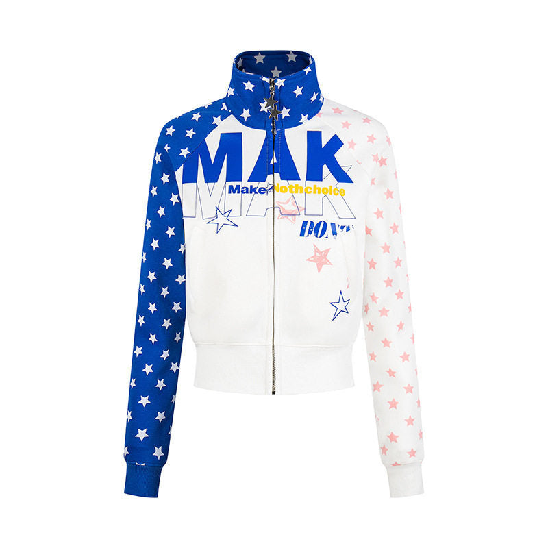 Damen Kurz geschnittene Zip‑Up Sweatjacke mit Stehkragen, Sternprint und Raglanärmeln Shop Nory