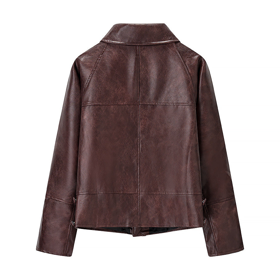 Damen Kurz geschnittene Oversize-Lederjacke mit Rundkragen und Pattentaschen Shop Nory
