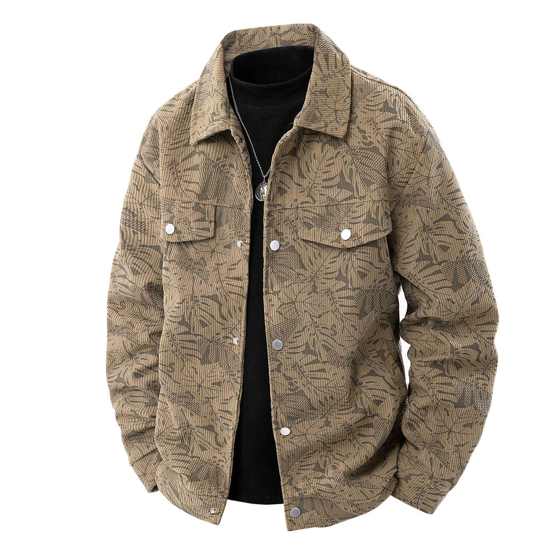 Herren Kordjacke im Truckerstil mit tonalem Blattmuster, Druckknopf‑Front und Pattentaschen Shop Nory