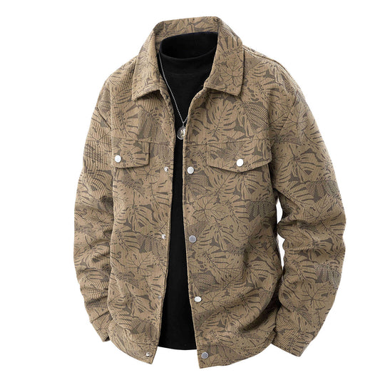 Herren Kordjacke im Truckerstil mit tonalem Blattmuster, Druckknopf‑Front und Pattentaschen Shop Nory