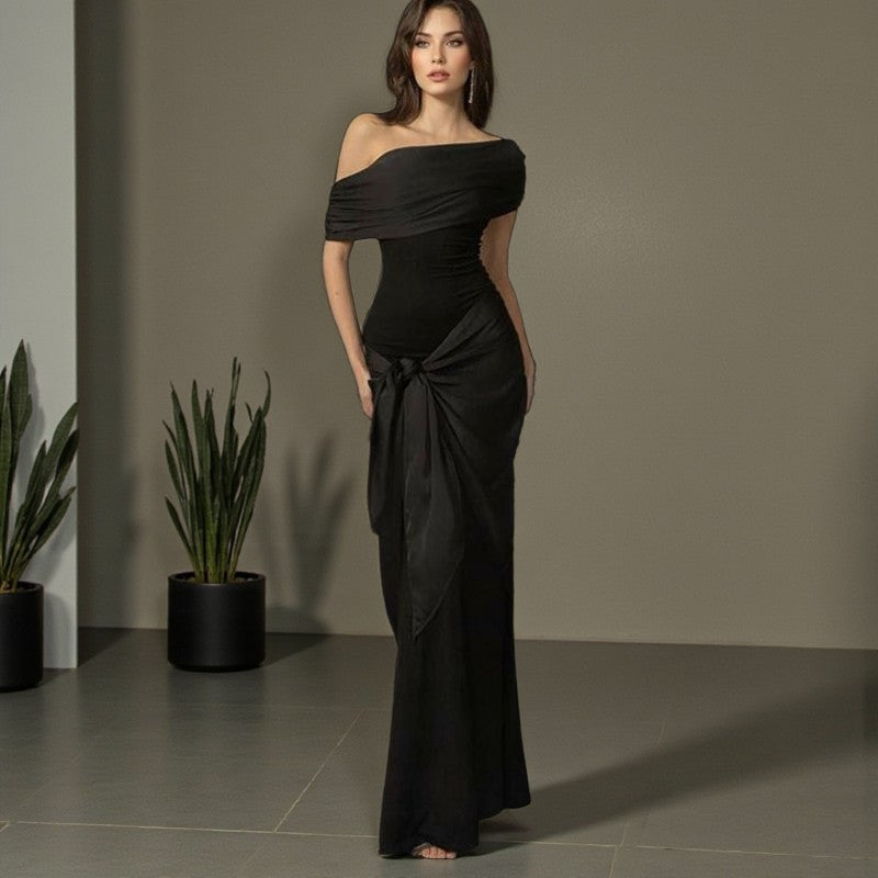 Damen Langarm Maxikleid mit asymmetrischem Schnitt und dekorativen Drapierungen