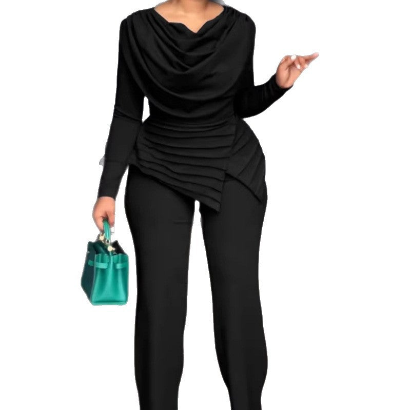 Damen Zweiteiliges Ensemble mit Wasserfall-Drapé-Oberteil, abgestuftem Peplum und gerader Bundfalten-Hose Shop Nory