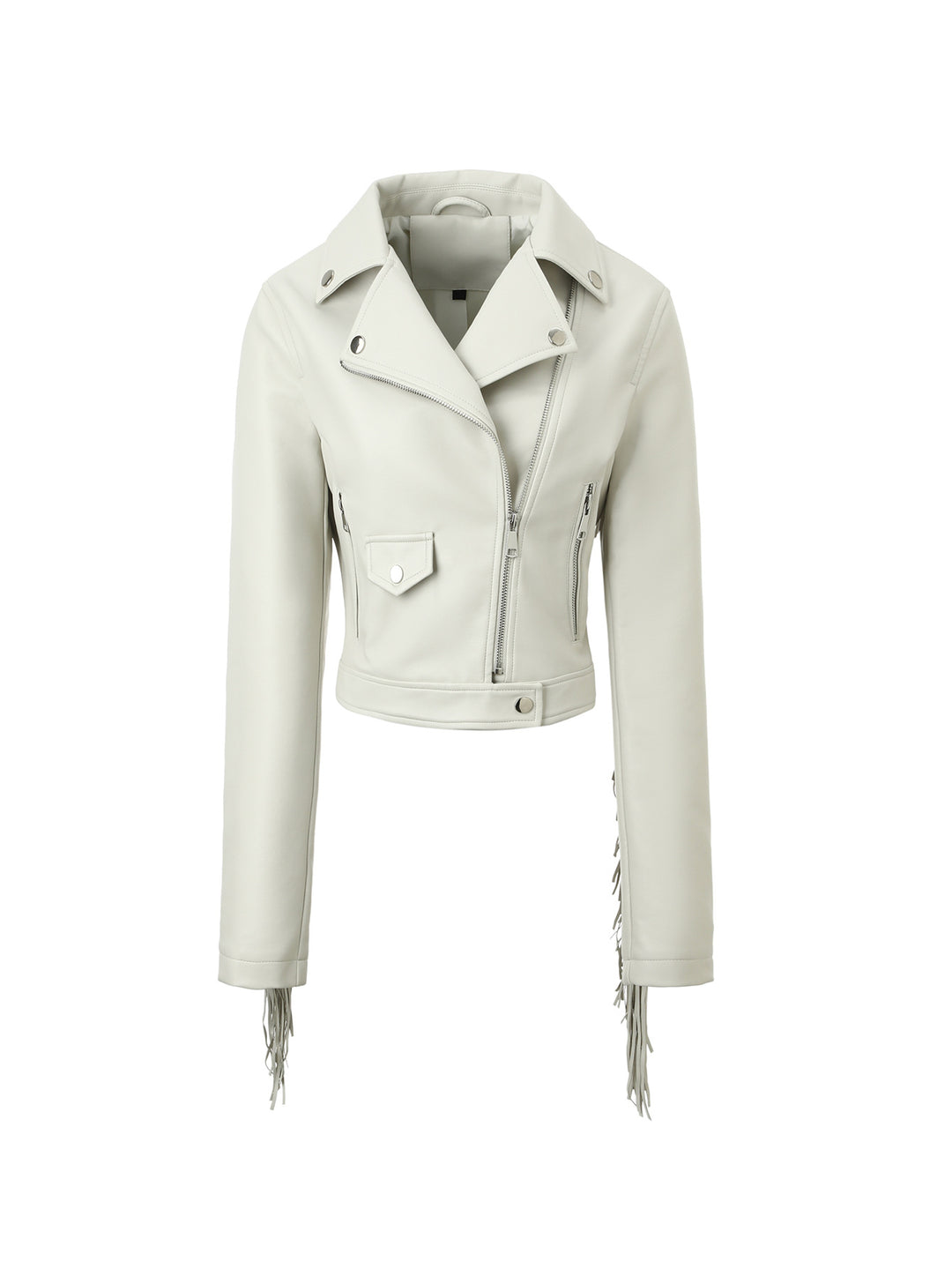 Damen Kurz geschnittene taillierte Bikerjacke aus Kunstleder mit Fransen an den Ärmeln und asymmetrischem Reißverschluss Shop Nory