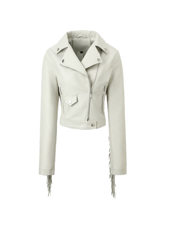 Damen kurze Motorradjacke aus Lederoptik mit Fransenärmeln und asymmetrischem Reißverschluss Shop Nory