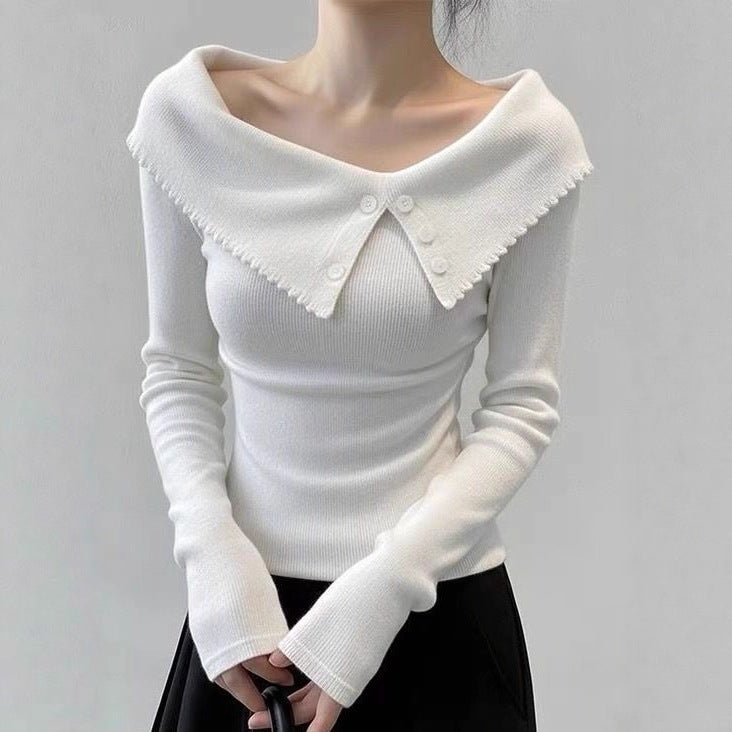 Damen Eleganter Pullover mit weitem Kragen und Knopfdetails Shop Nory