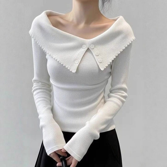 Damen Eleganter Pullover mit weitem Kragen und Knopfdetails Shop Nory