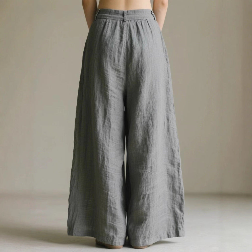 Damen weite Leinenhose mit eleganter Bundfalte und Taschen