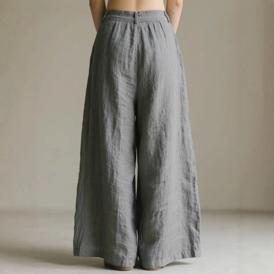 Damen weite Leinenhose mit eleganter Bundfalte und Taschen