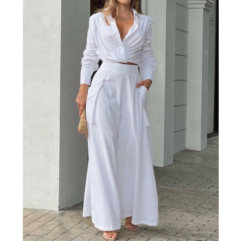 Damen Hochtaillierte weite Palazzo-Hose mit seitlicher Cargotasche und fließender Silhouette Shop Nory